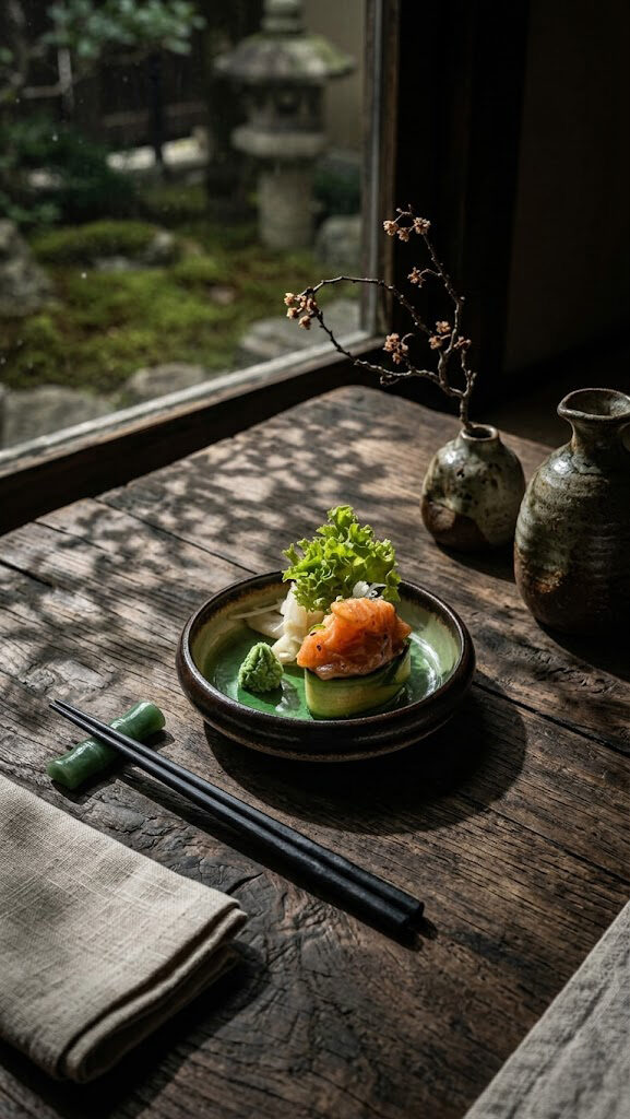 Sashimi am Fenster mit Blick in den Garten