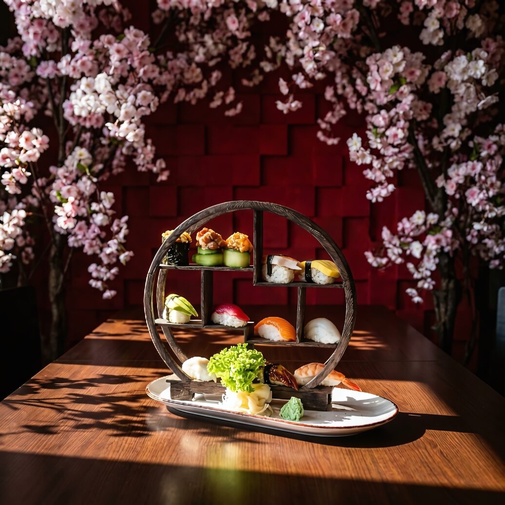 Sushi-Auswahl vor Kirschblüten